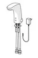 Weißer Wasserhahn mit Bluetooth-Funktion und Stecker-Netzteil. Zwei Anschlussrohre mit Mutterverbindung. Gerätetyp von HANSA, geeignet für moderne Waschtische.